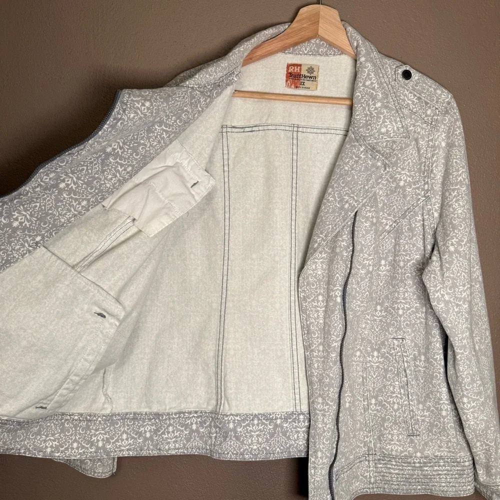 Ruff Hewn Gray & White Cotton Denim Moto Jacket Women's Plus Size 2X Streetwear - Picture 8 of 15